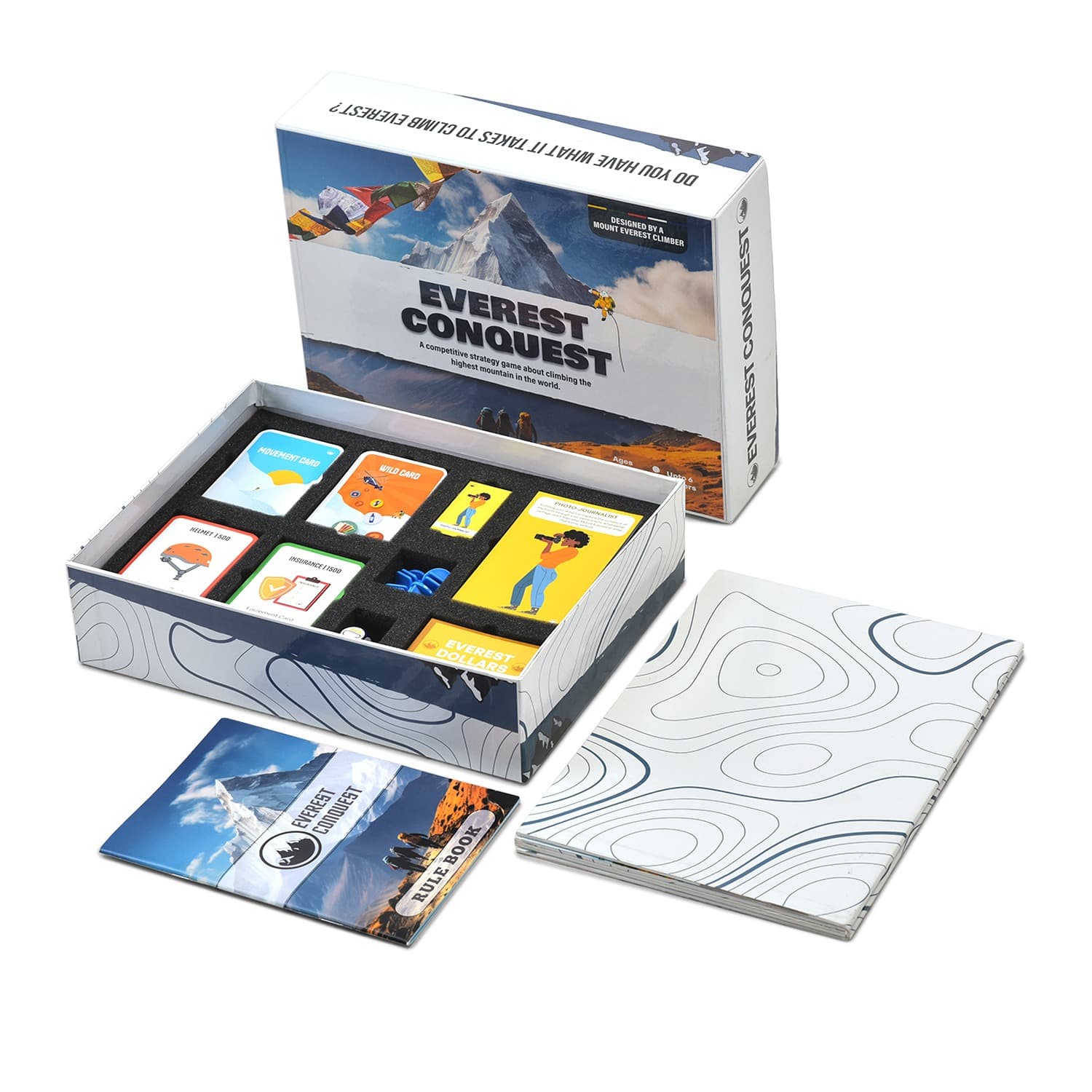 Open box showing card decks and rule book